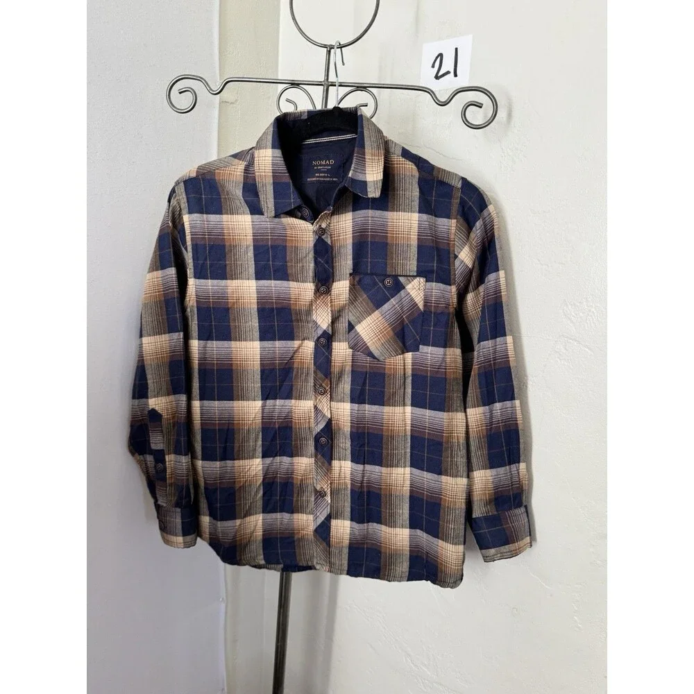 Nomad Craft + Flow Boys 14 Large Navy Tan Plaid Button Up Flannel Shirt